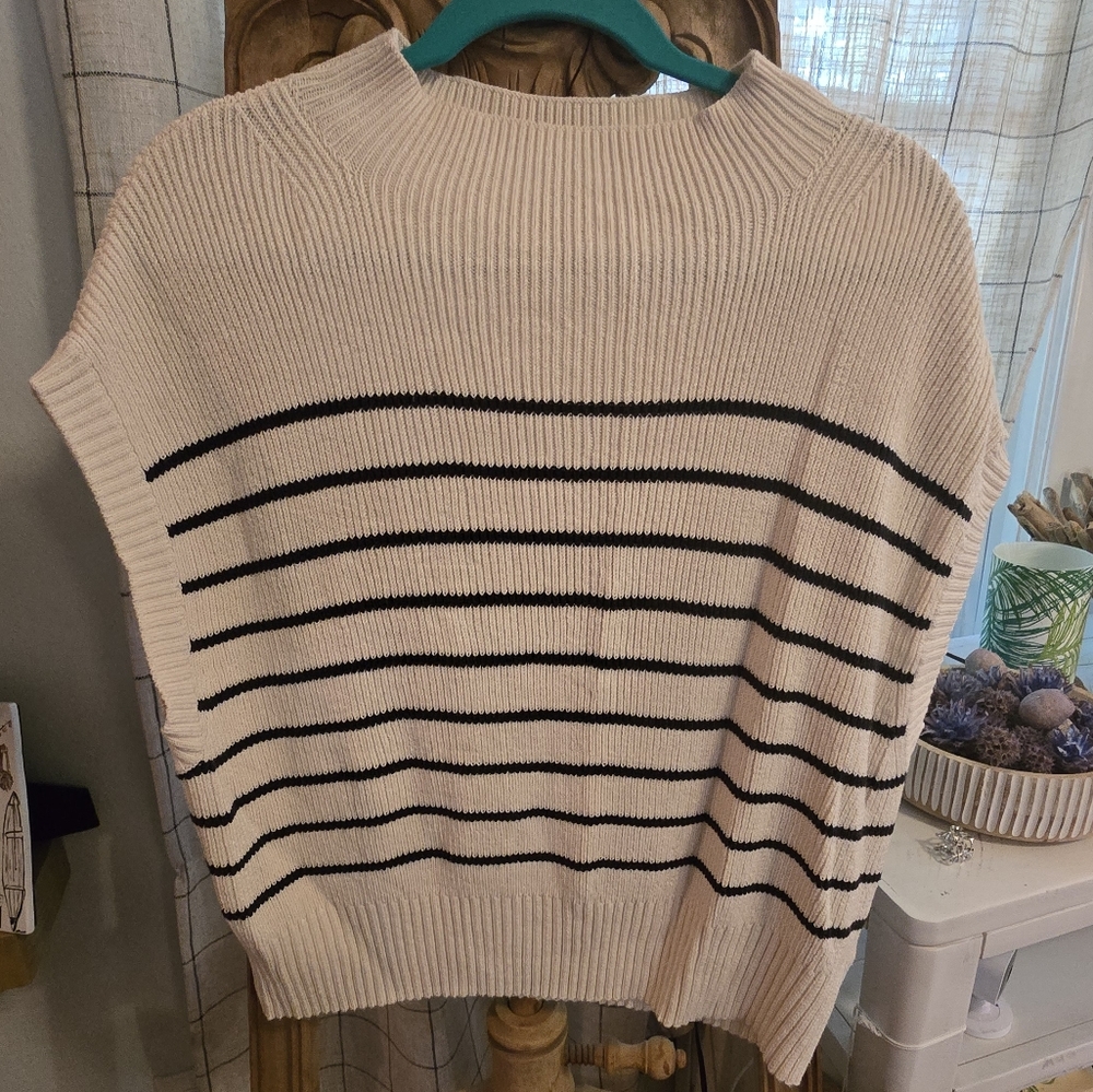 Anthropologie Cream and Black Crew Neck Sweater Classic Stripes